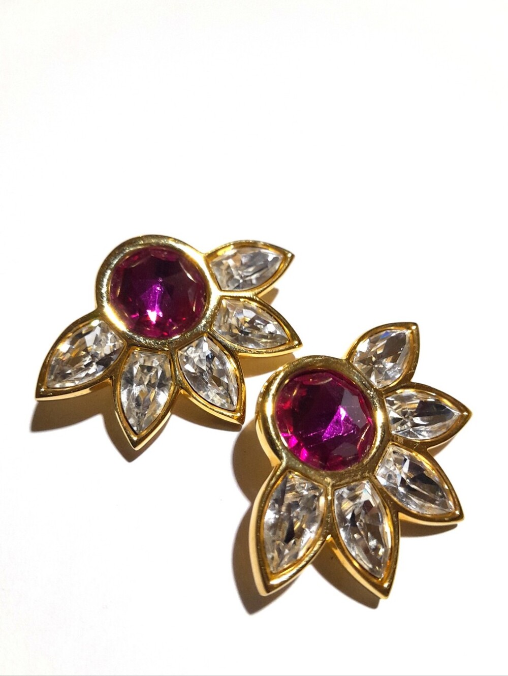 Vintage 80s SAL Swarovski Crystal Pink Faux Gold Statement Clip On Earrings
